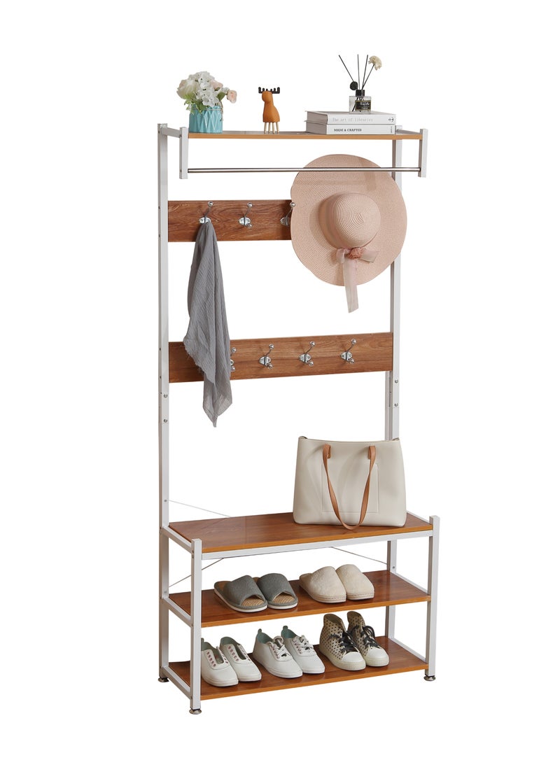 LAWAZIM - 3 Layer Shoes Rack and Coat Hanger - 80cm, Brown - Entryway Organizer and Coat Stand with Top Shelf - For Shoes, Bags, and Coats - Steel Pipe, 9 Hooks, Anti-Slip Feet, Space-Saving Design - Image 1