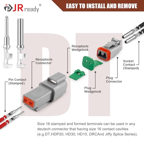 JRready DW1017 2 Pin Deutsch DT Connector Kit, IP68 Waterproof Electrical Automative DT Connectors Kit with 12Pairs Size 16 Stamped Contacts 16-18 AWG, for Car Truck Boat, 6 Sets - Image 5