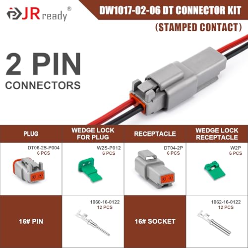 JRready DW1017 2 Pin Deutsch DT Connector Kit, IP68 Waterproof Electrical Automative DT Connectors Kit with 12Pairs Size 16 Stamped Contacts 16-18 AWG, for Car Truck Boat, 6 Sets - Image 2