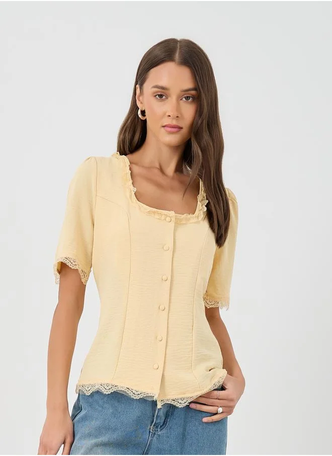 Styli Styli Cotton Lace Trim Square Neck Button up Blouse