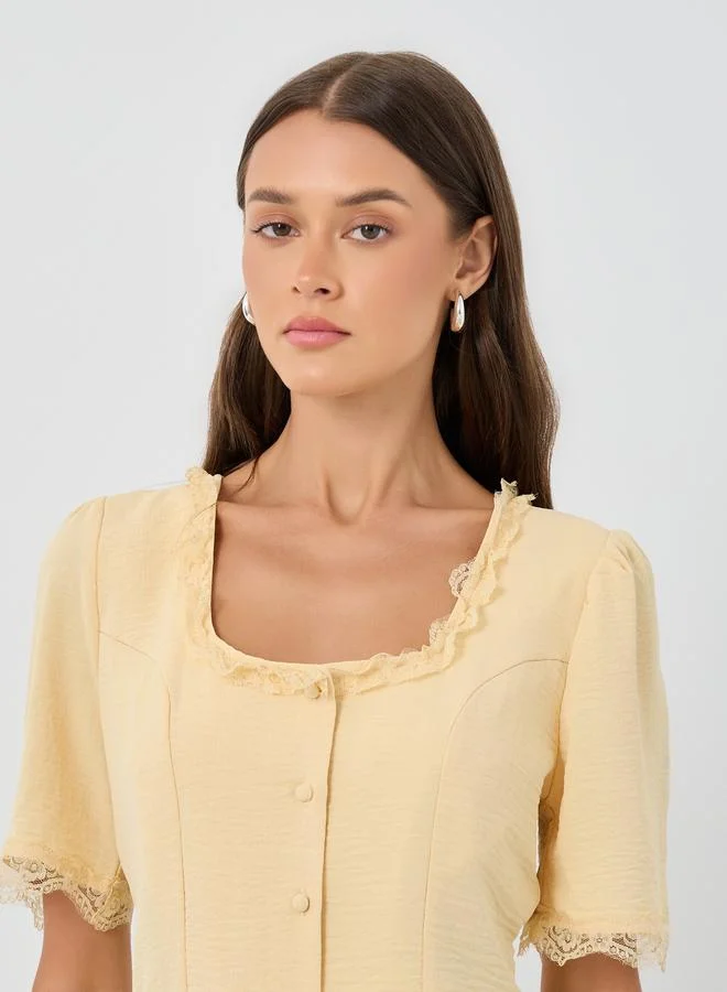 Styli Styli Cotton Lace Trim Square Neck Button up Blouse