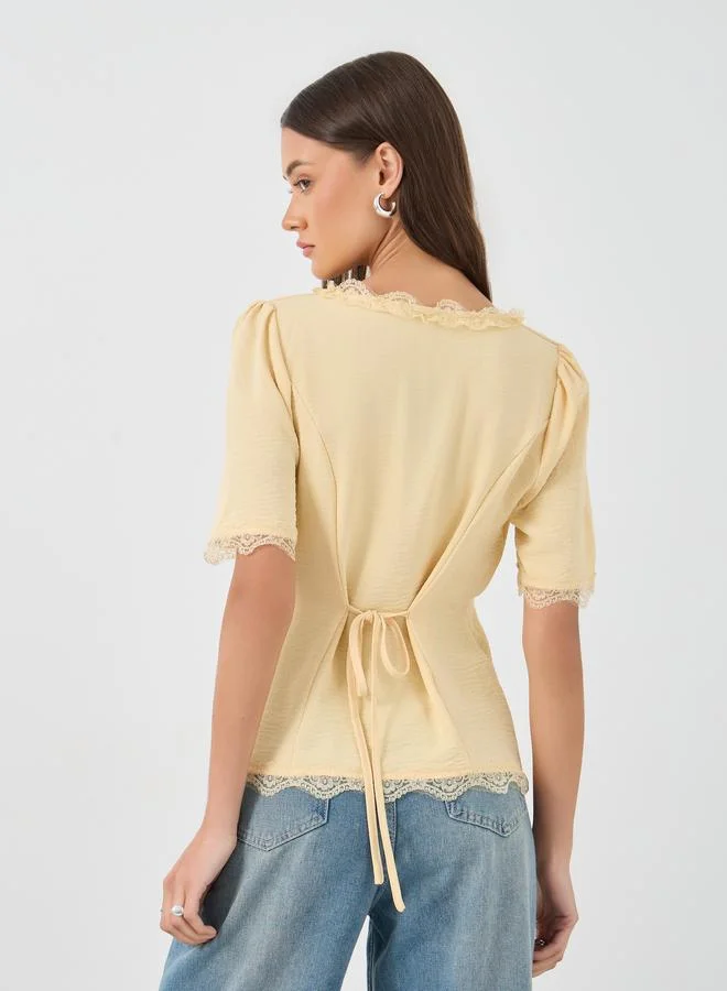 Styli Styli Cotton Lace Trim Square Neck Button up Blouse