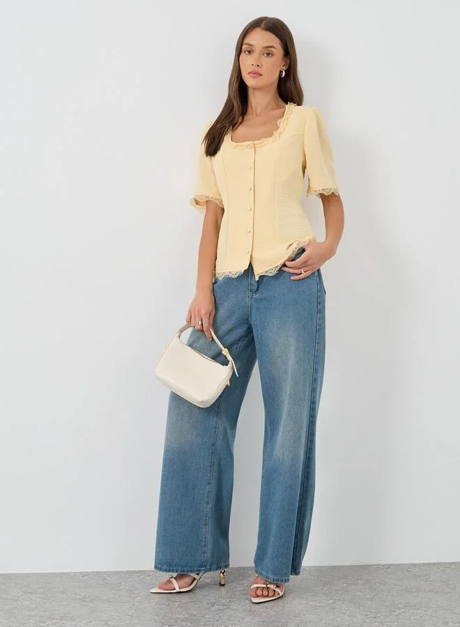 Styli Cotton Lace Trim Square Neck Button up Blouse