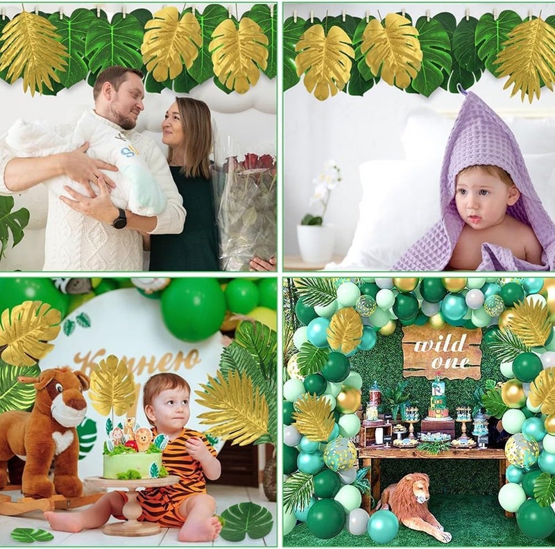 Ledoira 50 Pieces 10 Kinds Artificial Palm Leaves Golden Tropical Leaves with Stems Jungle Leaves Decorations for Hawaiian Luau Party Beach Baby Shower Wedding Birthday - Image 3