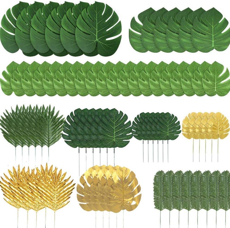 Ledoira 50 Pieces 10 Kinds Artificial Palm Leaves Golden Tropical Leaves with Stems Jungle Leaves Decorations for Hawaiian Luau Party Beach Baby Shower Wedding Birthday - Image 1