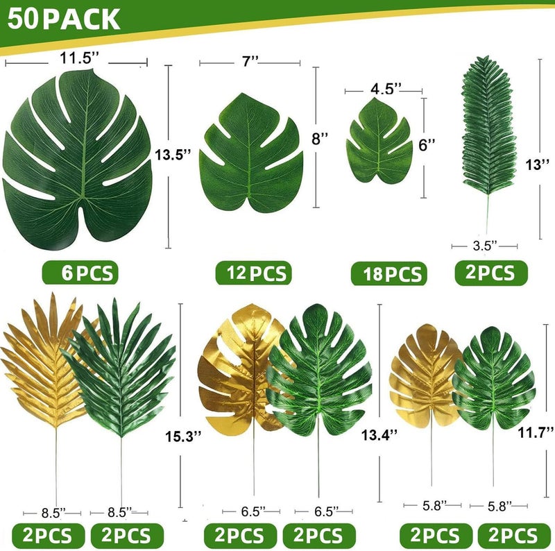 Ledoira 50 Pieces 10 Kinds Artificial Palm Leaves Golden Tropical Leaves with Stems Jungle Leaves Decorations for Hawaiian Luau Party Beach Baby Shower Wedding Birthday - Image 2