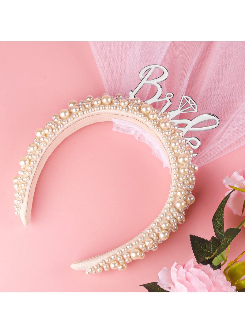 Bride Headband, Bride To Be Headband for Bridal Shower Gift Elegent Pearl Bridal Headband with Veil Bachelorette Party Decorations Bride Accessories (Sliver) - Image 1