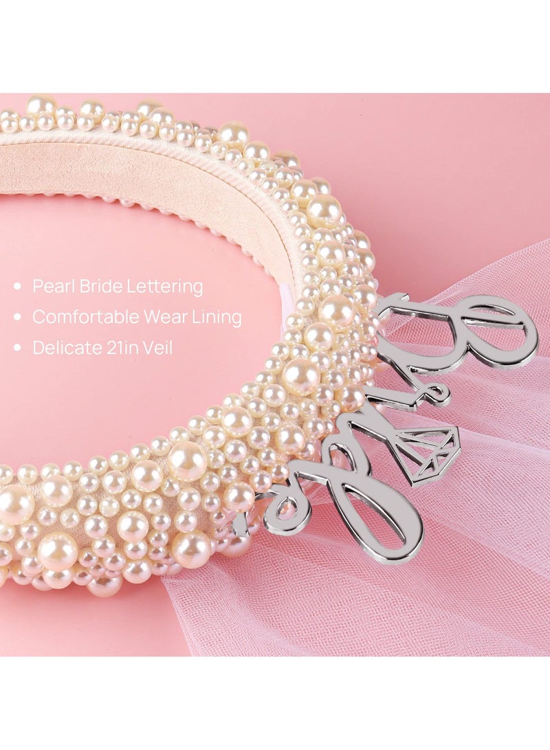 Bride Headband, Bride To Be Headband for Bridal Shower Gift Elegent Pearl Bridal Headband with Veil Bachelorette Party Decorations Bride Accessories (Sliver) - Image 4