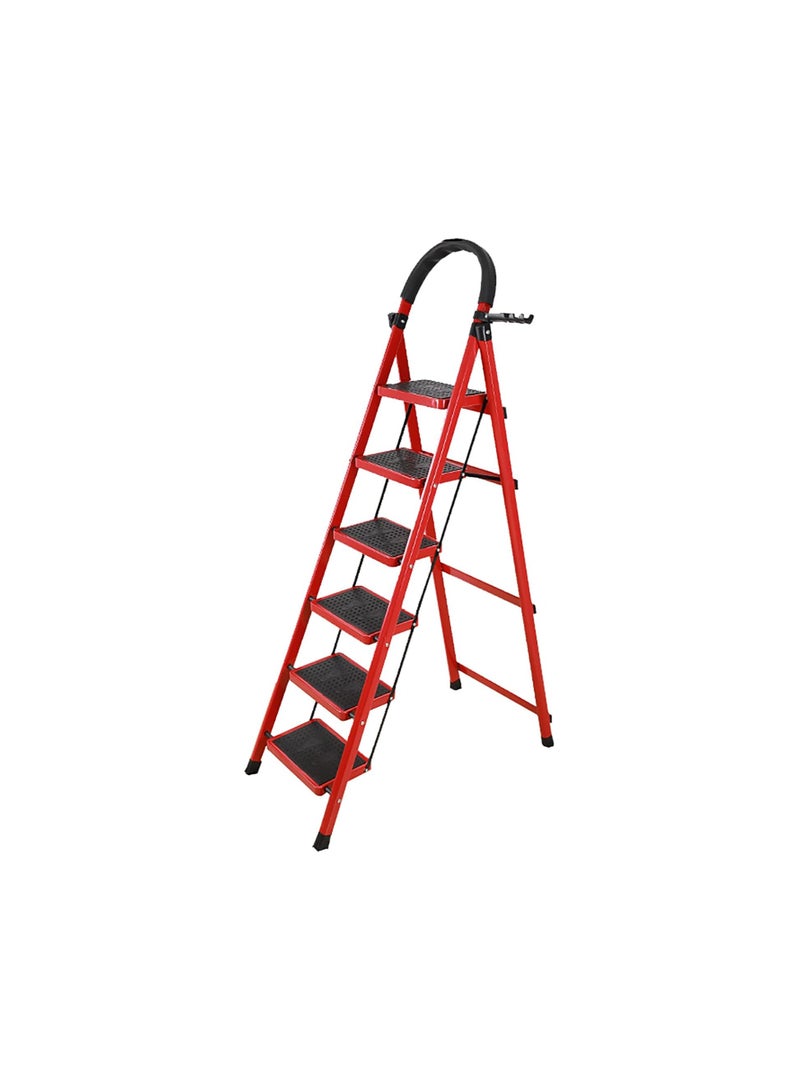 6-Step Portable Folding Aluminum Step Ladder with Tool Holder and Handrail – Load Capacity 330 lbs – Red – Ideal for Home, Garden, Office, and Kitchen