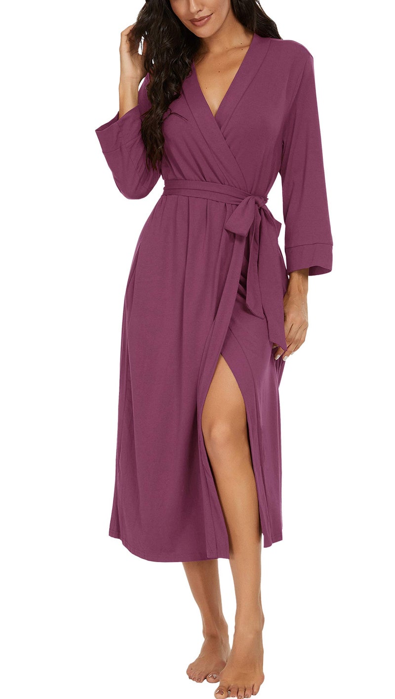 VINTATRE VINTATRE Women Kimono Robes Long Knit Bathrobe Lightweight Soft Knit Sleepwear V-neck Casual Ladies Loungewear Purple Red-Small  - Image 1