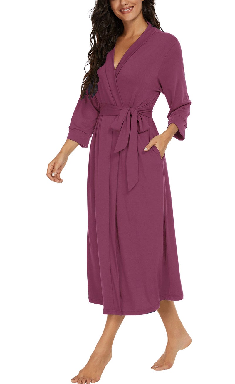VINTATRE VINTATRE Women Kimono Robes Long Knit Bathrobe Lightweight Soft Knit Sleepwear V-neck Casual Ladies Loungewear Purple Red-Small  - Image 2