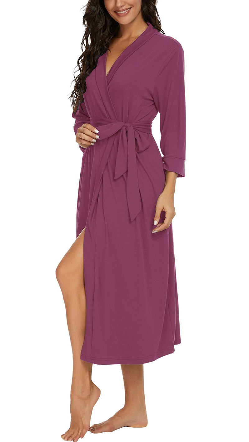 VINTATRE VINTATRE Women Kimono Robes Long Knit Bathrobe Lightweight Soft Knit Sleepwear V-neck Casual Ladies Loungewear Purple Red-Small  - Image 4