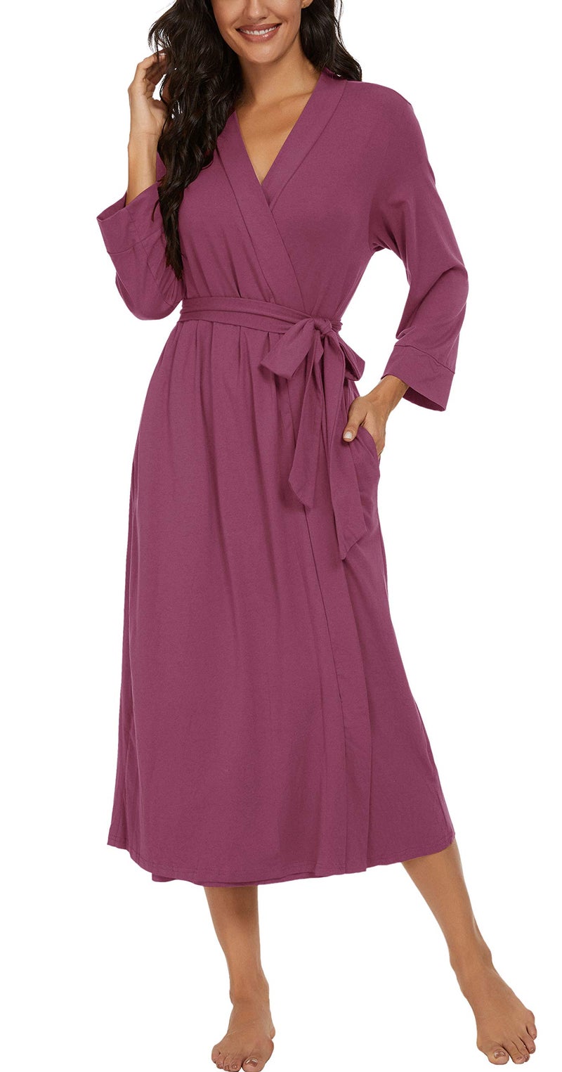 VINTATRE VINTATRE Women Kimono Robes Long Knit Bathrobe Lightweight Soft Knit Sleepwear V-neck Casual Ladies Loungewear Purple Red-Small  - Image 3