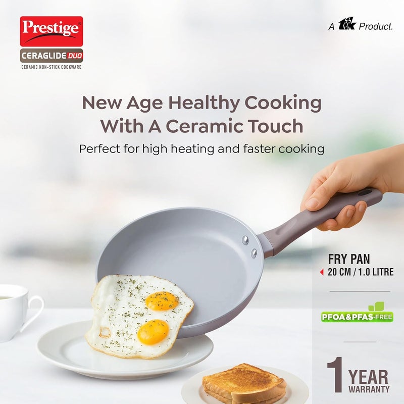 Prestige Ceraglide Duo Frypan 20Cm/1L Non-Stick Ceramic Coating|Works On Gas & Induction|High Heating|Cool Touch Handle|Grey - Image 2