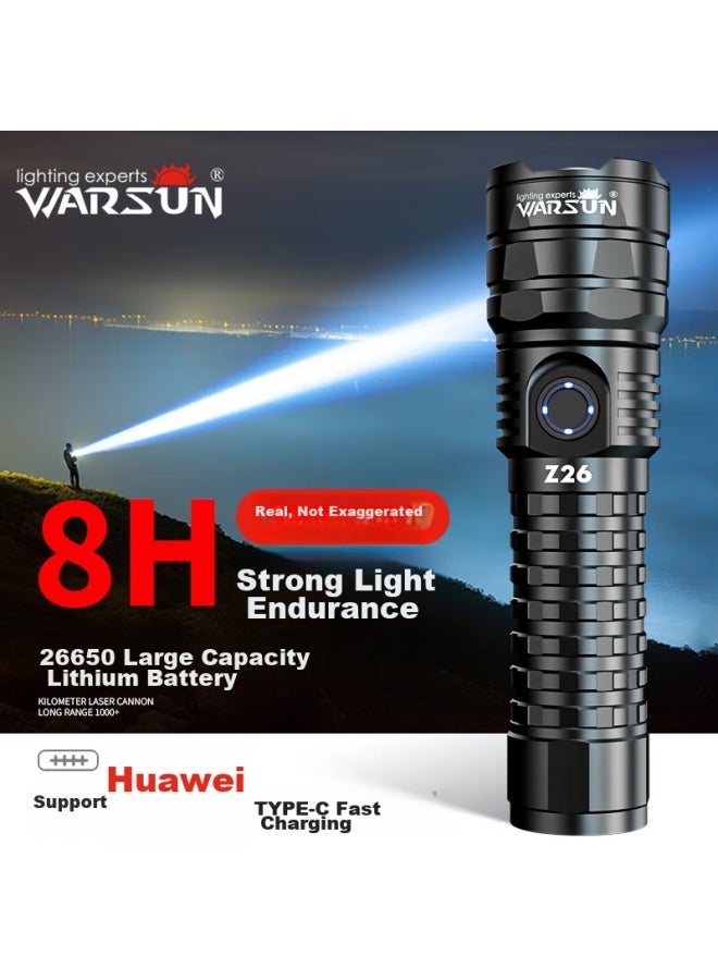 Warsunz26 High-intensity Flashlight With Zoom, Long-range Outdoor Searchlight, Laser, Ultra-bright, Rechargeable, Portable, Outdoor Lighting, Emergency - Image 1