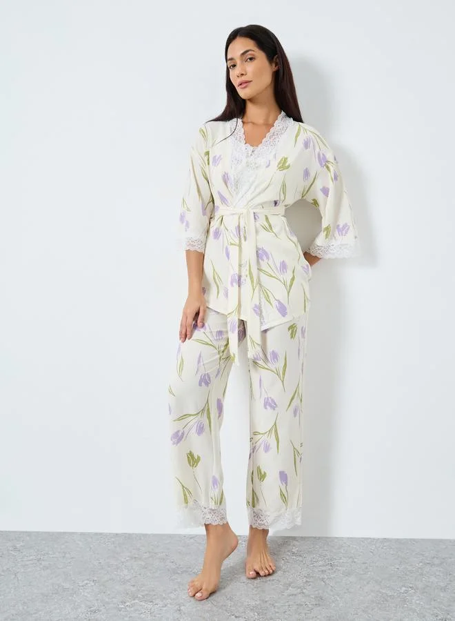 Take Two Take Two Pack of 3 - Floral Print Lace Trim Cami, Pants and Robe