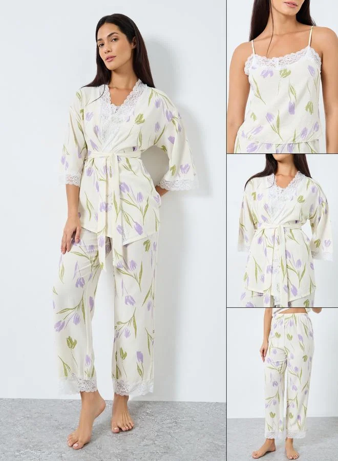 Take Two Take Two Pack of 3 - Floral Print Lace Trim Cami, Pants and Robe