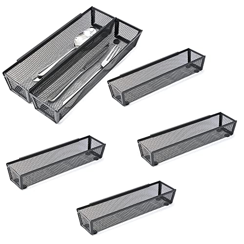 YFEEN 6 Pack Black Silverware Drawer Organizer Kitchen Drawer Utensil Cutlery Tray Office Supplies with Inter-locking Arm Drawer Dividers Organizer for Silverware, Flatware, Home,Office, School,Bedroom 12X3 - Image 1