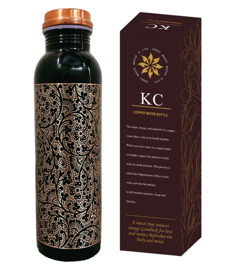 KC Pure Copper Designer Water Bottle with Advanced Leak Proof Protection, Ayurveda and Yoga Health Benefits. (1000ml, 1Unit) With Antique Look - Image 1