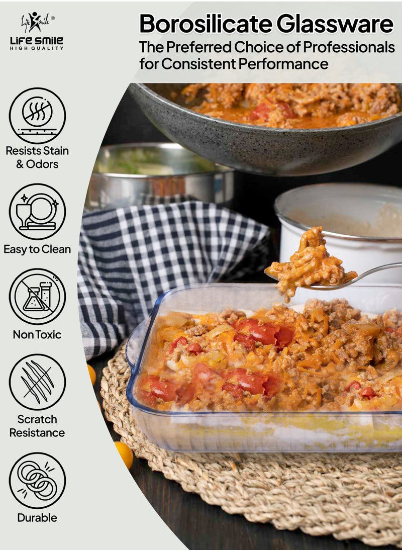 Life Smile - LIFE SMILE Borosilicate Glass Oven Baking Dishes Set of 2 - Square Shape Baking Tray Dishwasher Safe, Fridge & Freezer Safe, Microwave Safe (Design 2) - Image 1