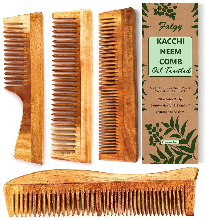 Faigy 4pc Kacchi Neem Comb, Wooden Comb | Hair Growth, Hairfall, Dandruff Control | Hair Straightening, Frizz Control | Comb for Men, Women | Treated with Oil and Herbs - Image 1