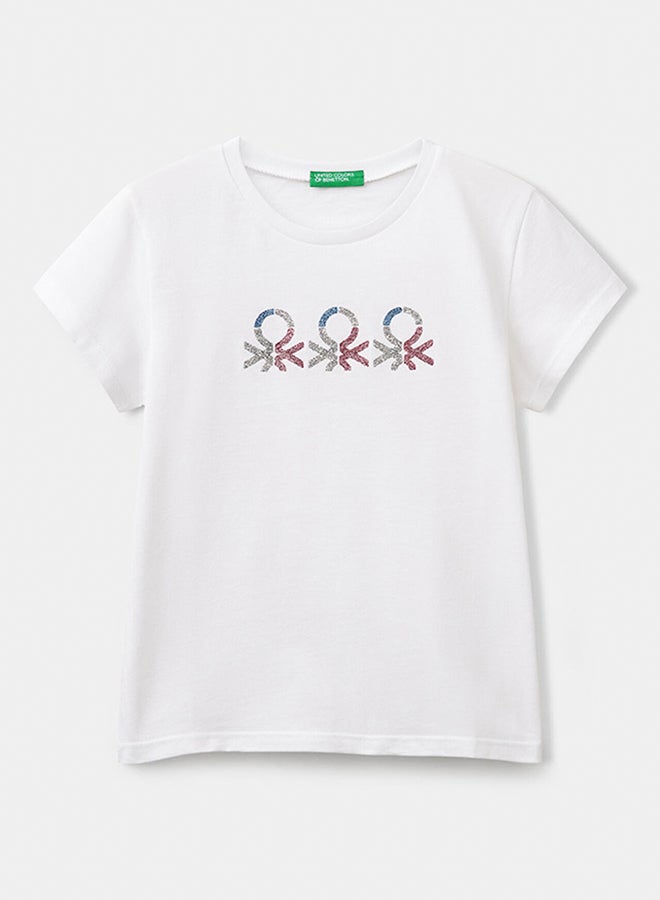 بينيتون تي شيرت بنات مع شعار لامع من القطن - Image 1