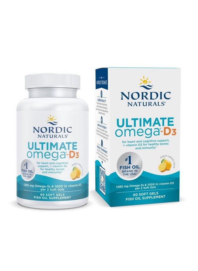 NORDIC NATURALS - Nordic Naturals Ultimate Omega-D3, Lemon Flavor - 60 Soft Gels - 1280 mg Omega-3 + 1000 IU Vitamin D3 - Omega-3 Fish Oil - EPA & DHA - Promotes Brain, Heart, Joint, & Immune Health - 30 Servings - Image 1