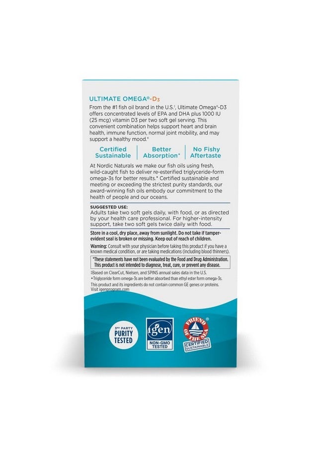 NORDIC NATURALS - Nordic Naturals Ultimate Omega-D3, Lemon Flavor - 60 Soft Gels - 1280 mg Omega-3 + 1000 IU Vitamin D3 - Omega-3 Fish Oil - EPA & DHA - Promotes Brain, Heart, Joint, & Immune Health - 30 Servings - Image 1