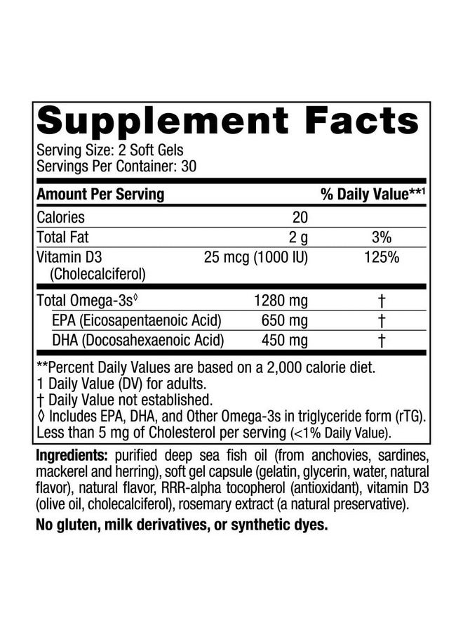 NORDIC NATURALS - Nordic Naturals Ultimate Omega-D3, Lemon Flavor - 60 Soft Gels - 1280 mg Omega-3 + 1000 IU Vitamin D3 - Omega-3 Fish Oil - EPA & DHA - Promotes Brain, Heart, Joint, & Immune Health - 30 Servings - Image 1