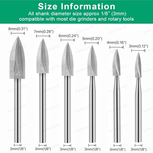 Sunkizzrs® 6-Pcs Wood Carving Drill Bits Set 3mm Round Shank —Detail Carving Bits —HSS Engraving Drill for Dremel —DIY Crafts Rotary Tool for Grinding/Polishing/Micro Sculpture (3-Tool Flute Set) - Image 2