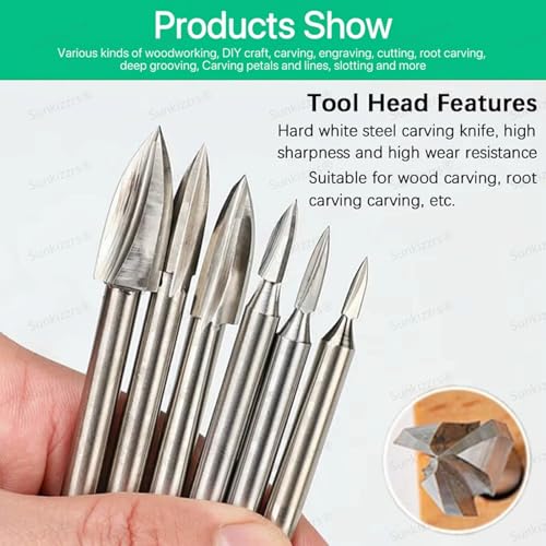 Sunkizzrs® 6-Pcs Wood Carving Drill Bits Set 3mm Round Shank —Detail Carving Bits —HSS Engraving Drill for Dremel —DIY Crafts Rotary Tool for Grinding/Polishing/Micro Sculpture (3-Tool Flute Set) - Image 3