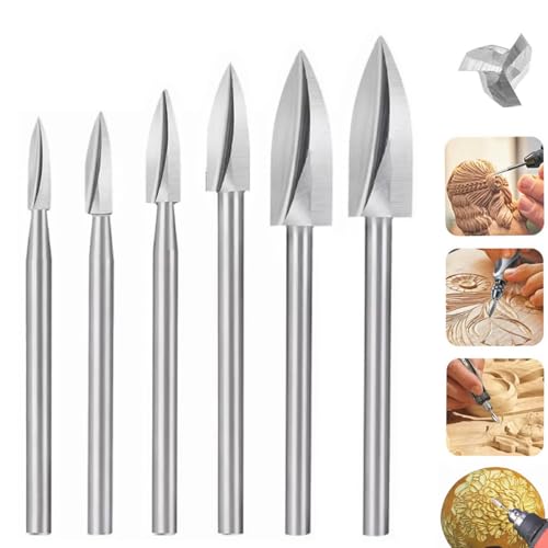 Sunkizzrs® 6-Pcs Wood Carving Drill Bits Set 3mm Round Shank —Detail Carving Bits —HSS Engraving Drill for Dremel —DIY Crafts Rotary Tool for Grinding/Polishing/Micro Sculpture (3-Tool Flute Set) - Image 1