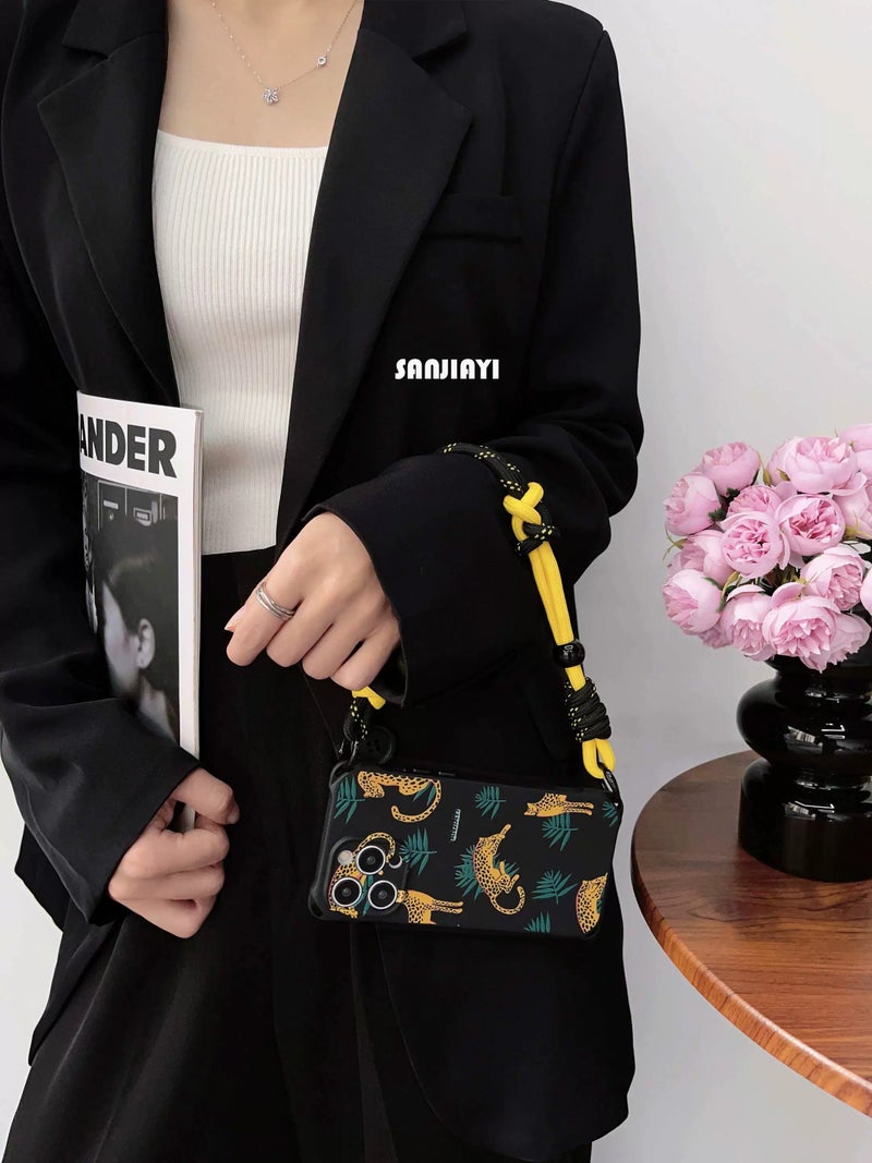 Fashion Leopard Black Strap Phone Case for iPhone 15 Pro Max, 14, 13, Nova 13, Mate 70, Mate 60, Huawei, Xiaomi, Honor, Samsung - Shockproof, Crossbody, Handheld - Image 3