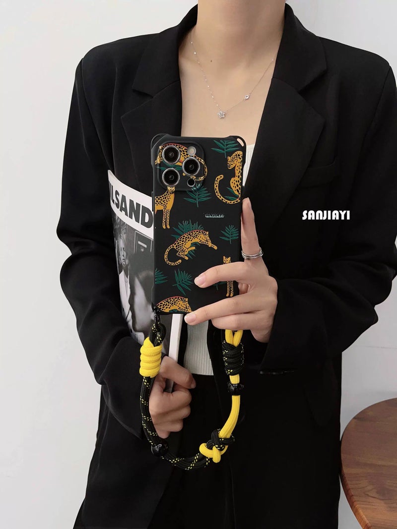 Fashion Leopard Black Strap Phone Case for iPhone 15 Pro Max, 14, 13, Nova 13, Mate 70, Mate 60, Huawei, Xiaomi, Honor, Samsung - Shockproof, Crossbody, Handheld - Image 1