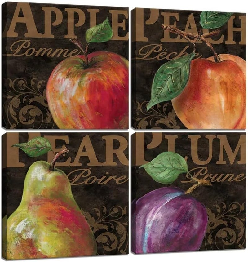 Wall HDQ Fruits Wall Art for Kitchen Apple Peach Pear Plum Wall Decor Retro Food Canvas Pictures Abstract Framed Artwork Print Painting for Dining Room Home Walls Decoration 10''x10'' x 4Pcs - Image 1