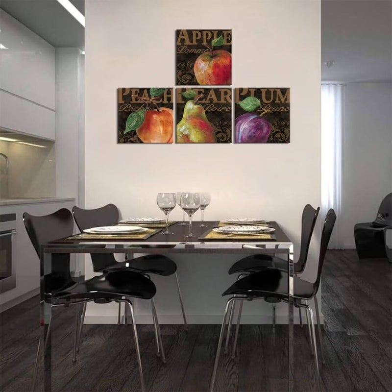 Wall HDQ Fruits Wall Art for Kitchen Apple Peach Pear Plum Wall Decor Retro Food Canvas Pictures Abstract Framed Artwork Print Painting for Dining Room Home Walls Decoration 10''x10'' x 4Pcs - Image 2