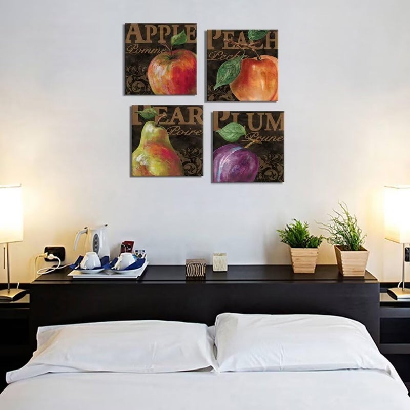 Wall HDQ Fruits Wall Art for Kitchen Apple Peach Pear Plum Wall Decor Retro Food Canvas Pictures Abstract Framed Artwork Print Painting for Dining Room Home Walls Decoration 10''x10'' x 4Pcs - Image 4