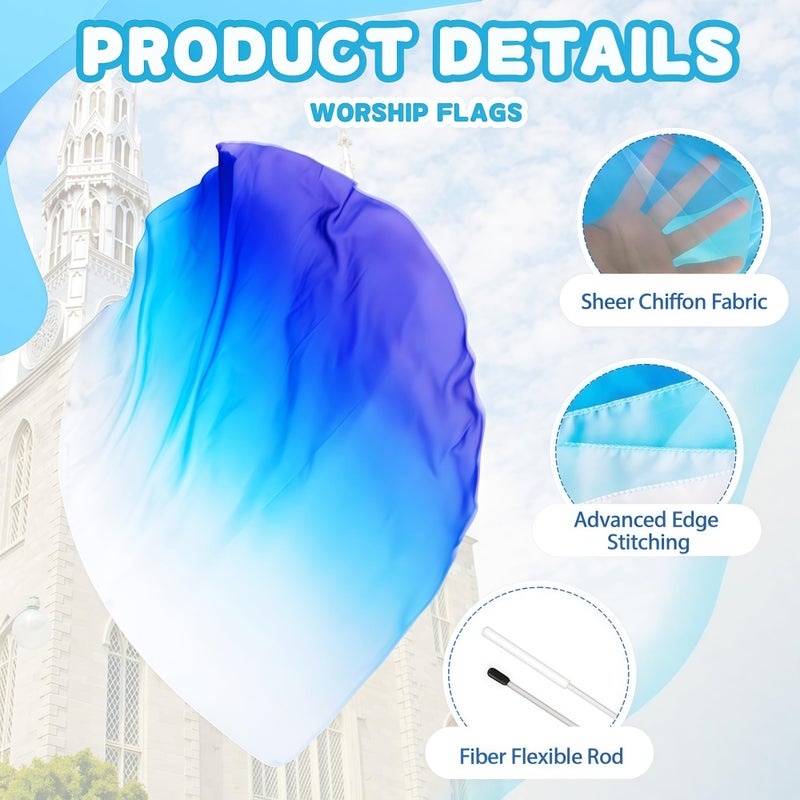 Baisdan 54"x54" Worship Flags for Dance Church, Praise Dance Flags for Worship, Silk-like Chiffon Flag with Flexible Rods & Storage Bag, Set of 2, White-Blue - Image 3