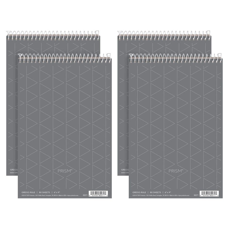 Tops Prism Steno Books, 6" x 9", Gregg Rule, Gray Paper, 80 Sheets, Perforated, 4 Pack (80274) - Image 1