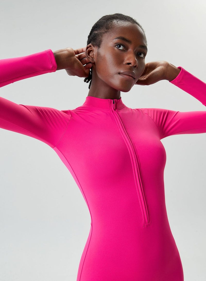 Women's Zipper Tight Fitness Sticky Elastic jumpsuit Quick drying Long Sleeve Open Collar Yoga Dress  - Image 5