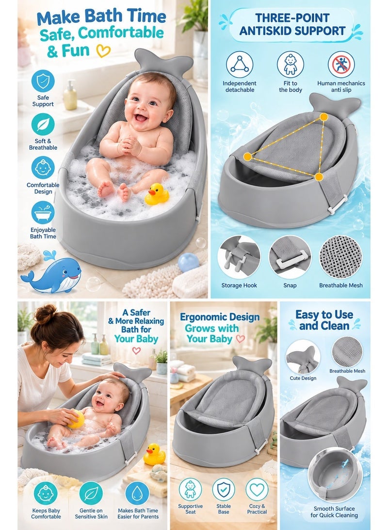 PRIMO PLUS 3-Stage Baby Bathtub for Newborns and Infants with Adjustable Headrest, Soft Mesh Support Sling, Non-Slip Base and Easy Drainage Design - Gray - Image 2