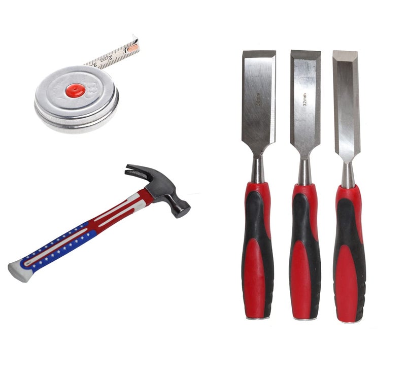 Digital Craft Digital Craft Hand Tools Kit For Home Use Chisel Kit for Woodworking Carving Size 25mm 32mm 38mm2Mtr TapeClaw Hammer 