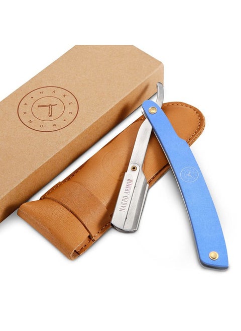 Best Shavette Straight Razor - Replaceable Blade Straight Razor, Metal Handle Shavette, No Stropping or Honing Needed, Great For Beginners, Starter Blade, Hygienic, Close Shave, Leather Case (Blue)