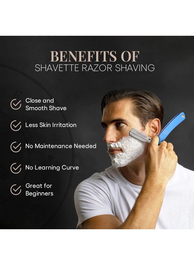 Best Shavette Straight Razor - Replaceable Blade Straight Razor, Metal Handle Shavette, No Stropping or Honing Needed, Great For Beginners, Starter Blade, Hygienic, Close Shave, Leather Case (Blue)