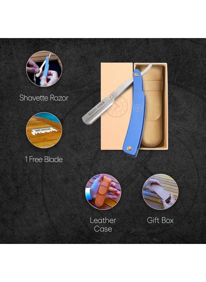 Best Shavette Straight Razor - Replaceable Blade Straight Razor, Metal Handle Shavette, No Stropping or Honing Needed, Great For Beginners, Starter Blade, Hygienic, Close Shave, Leather Case (Blue)