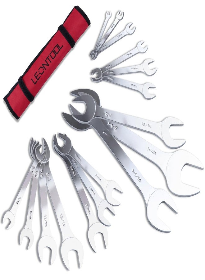 LEONTOOL 16-Piece Super-Thin Open End Wrench Set SAE & Metric 3/8" to 1-1/4" and 5.5mm to 27mm Slim Spanner Wrench Set CR-V Steel Double Open End Wrench Set Bike Wrench Set with Rolling Pouch - Image 1