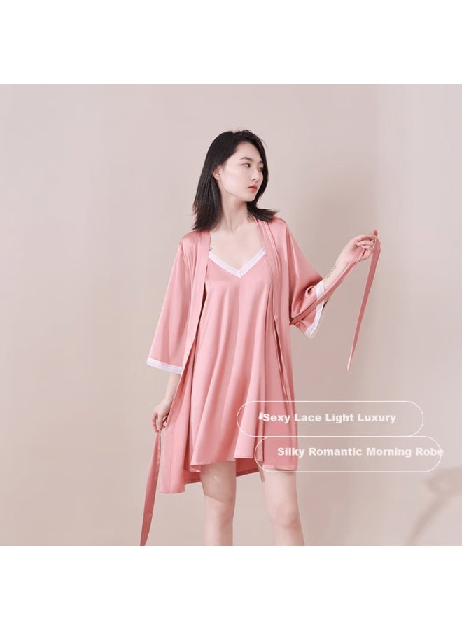 Agentmuse Women's Pajama Set Camisole Nightgown And Robe Two-piece Set Faux Silk Nightdress Bridal Set Soft Pink M