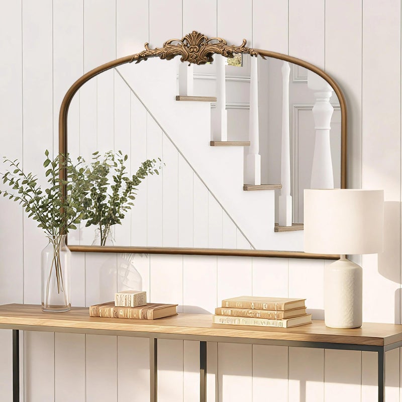 Besdomus Vintage Arched Gold Mirror: 32"x24" Large Gold Vintage Wall Mounted Mirror - Baroque Traditional Ornate for Bedroom/Fireplace/Bathroom/Hallway - Wall Decor for Fashion-Conscious - Image 1