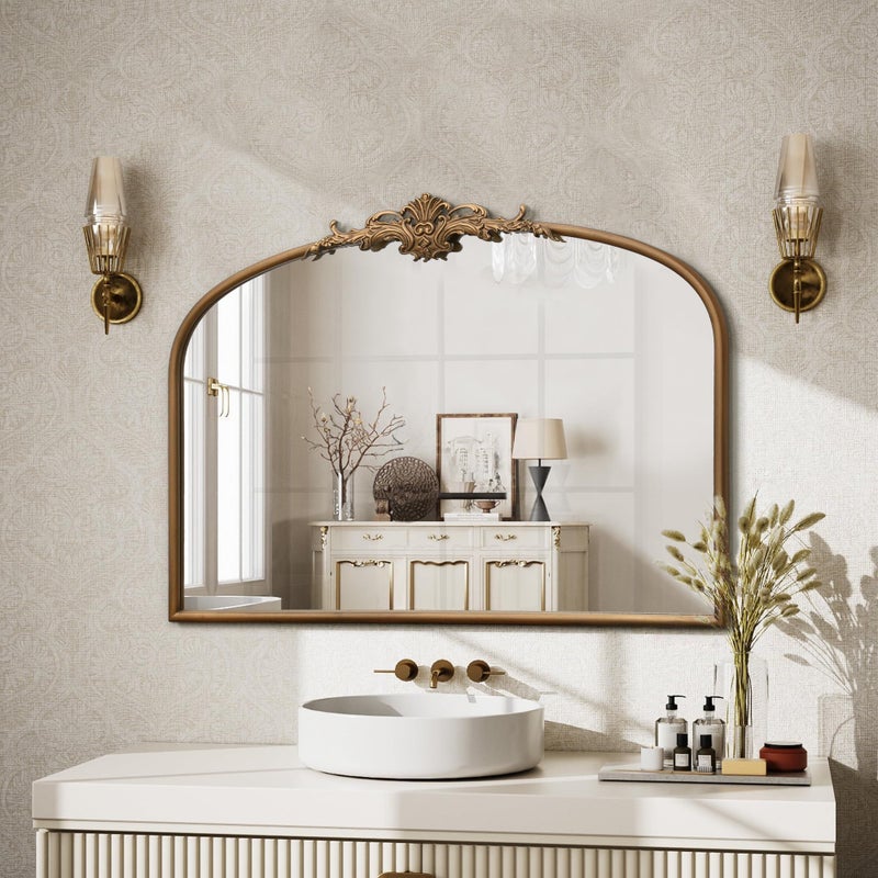 Besdomus Vintage Arched Gold Mirror: 32"x24" Large Gold Vintage Wall Mounted Mirror - Baroque Traditional Ornate for Bedroom/Fireplace/Bathroom/Hallway - Wall Decor for Fashion-Conscious - Image 2