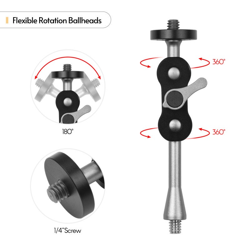 Magic Arm 1 Pack: Dual Rotatable Ball Heads, 1/4 Inch Screws Extension Bracket - High-Quality Aluminum Alloy Camera Monitor Bracket for Outdoor Vlog Live Streaming Video Recording - Image 5